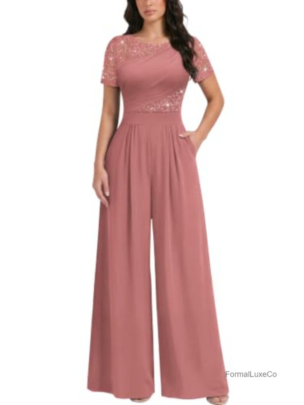 Women's Sequin Lace Wide Leg Formal Jumpsuit with Pockets